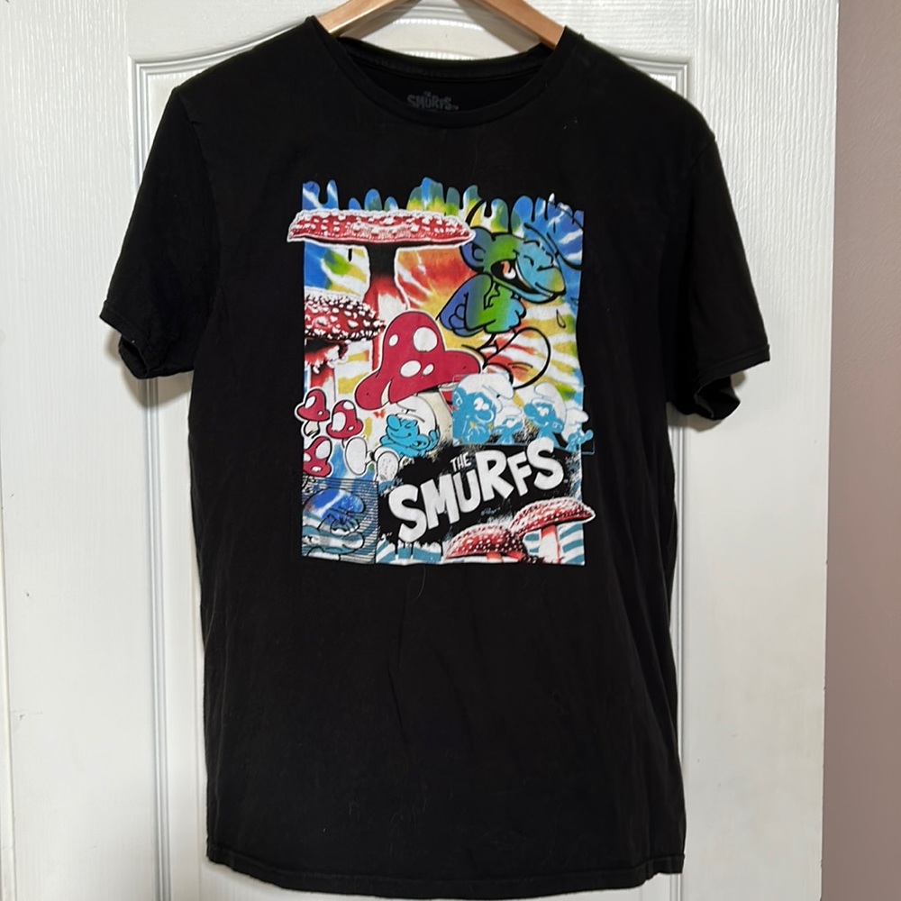 Psychedelic Smurf Mushrooms Tie Dye Black Tee Men’s Size Large